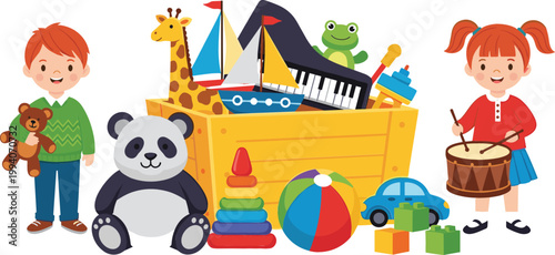 Kids Playing with Toys Illustration Set with Children, Teddy Bear, Panda, Drum, Blocks, and Toy Box for Childhood, Education, and Playtime Design Graphics