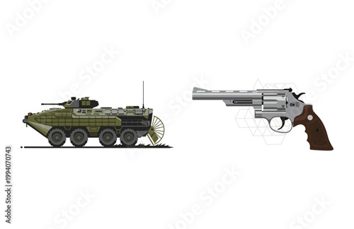Digital artwork showcasing combat vehicle and large caliber handgun
