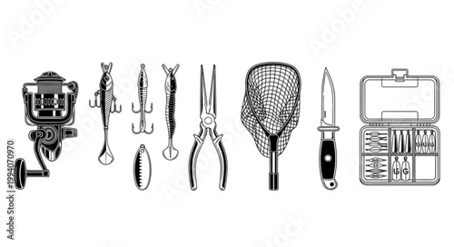 Fishing Gear Collection Isolated White Background.