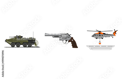 Military Armored Vehicle, Revolver Gun, and Rescue Helicopter