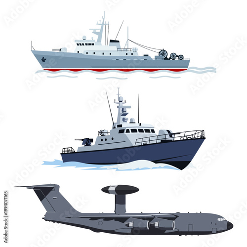 Military vessels and advanced aircraft, symbolizing naval and air power projection