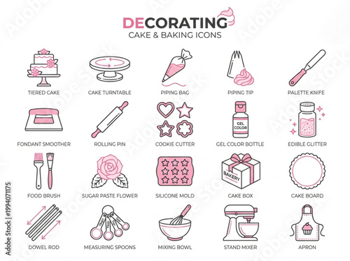 Professional collection of pink and charcoal line art icons illustrating cake decorating tools and bakery equipment organized in a clean grid