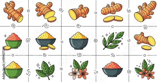Set of Ginger Root Icons and Illustrations Including Bowls of Powder Slices Leaves and Flowers in a Grid Layout for Healthy Food Menus and Organic Spice Packaging Designs
