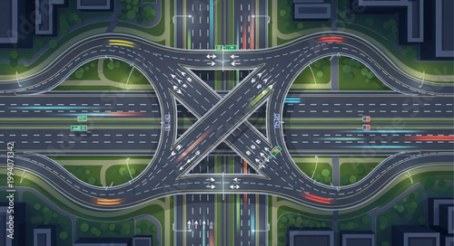 Aerial View of Complex Highway Interchange at Night with Traffic.