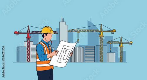 Construction worker in hard hat reviewing blueprints at a city building site with cranes