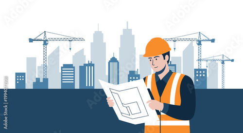Construction worker reviewing blueprints with city skyline and cranes in background