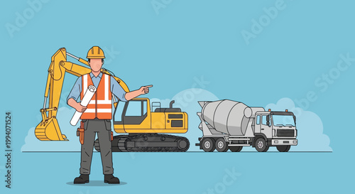 Construction Worker with Blueprint and Heavy Machinery