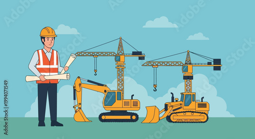 Construction worker with blueprints and heavy machinery: excavator, bulldozer, cranes