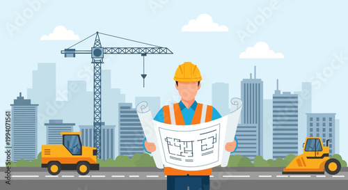 Construction worker with blueprints at urban building site, crane and machinery
