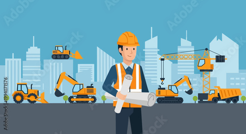 Construction worker with blueprints on site with heavy machinery and city skyline