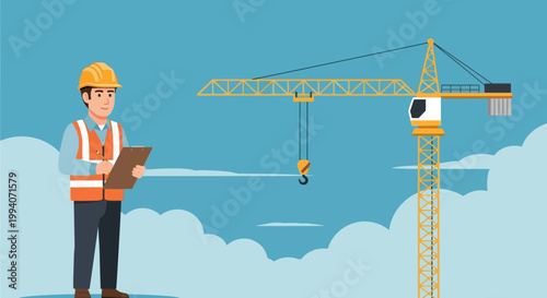 Construction worker with clipboard next to a tower crane under blue sky with clouds