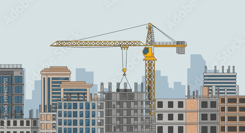 Construction crane building modern city skyline with unfinished skyscrapers, urban development.