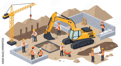 Construction Site Isometric Scene: Excavator, Crane, Workers Building Foundation