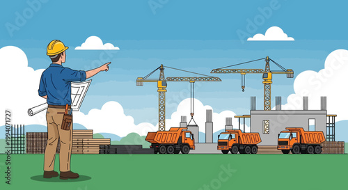 Construction Site Supervisor Overseeing Building Project with Cranes and Trucks