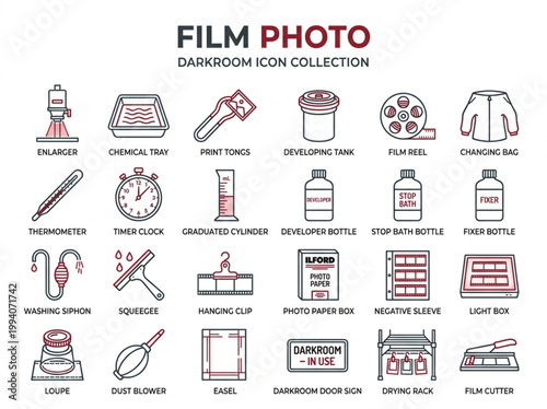 Professional collection of red and charcoal gray line art icons featuring traditional film darkroom equipment and photography processing tools in a clean grid