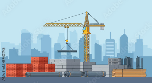 Construction Site with Crane, Bricks, Steel Beams, and City Skyline Background