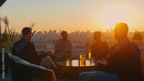 Elevated social gathering at sunset with city skyline backdrop and beer
