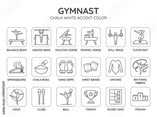 Professional set of charcoal and chalk white line art icons depicting artistic and rhythmic gymnastics equipment arranged in a clean grid
