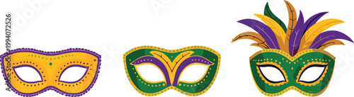 Three colorful Mardi Gras masks with feathers in purple green and gold against a white background