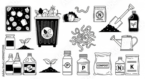 Gardening supplies and fertilizer illustration set.