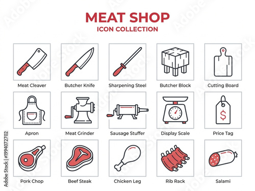 Professional collection of red and black line art icons featuring butcher shop equipment and various meat cuts organized in a clean grid