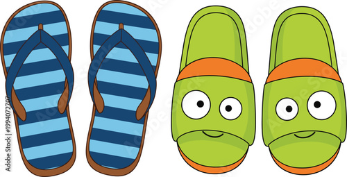 Cartoon summer footwear illustration featuring striped flip flops and cute character slippers with smiling faces in colorful playful design