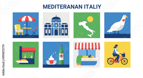 Mediterranean Italy travel icons set, flat vector illustrations of Italian culture and landmarks, 8 colorful vacation symbols for tourism branding isolated PNG with Transparent Background
