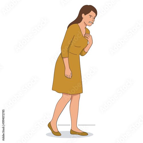 Woman walks alone on sidewalk eating food