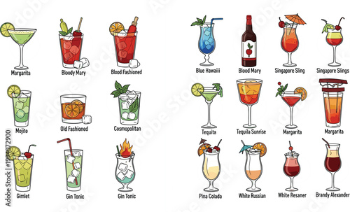 Hand drawn cocktail illustration set featuring margarita mojito martini tequila sunrise cosmopolitan and classic alcoholic drinks with colorful garnish details