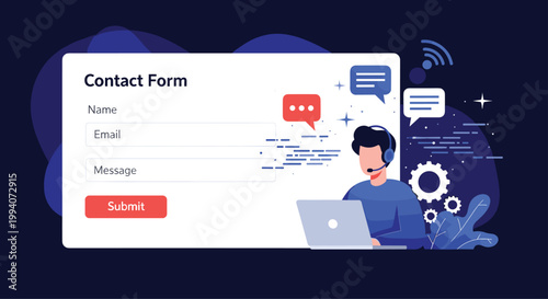 Professional website contact form interface featuring customer support operator using laptop for communication and feedback.