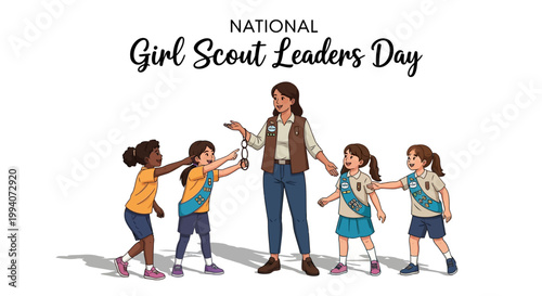 Vector illustration celebrating National Girl Scout Leaders Day, showing a leader guiding a diverse group of young girls with their sashes on a white background, promoting youth leadership