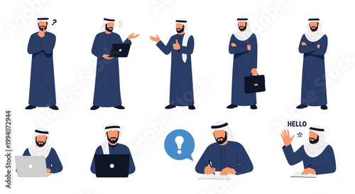 Professional arab man character in traditional thobe performing various tasks like using laptop thinking and writing.