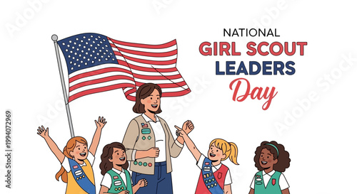 On National Girl Scout Leaders Day, a leader stands with diverse young girls beneath the American flag in a vector illustration, showcasing youth leadership and community volunteer