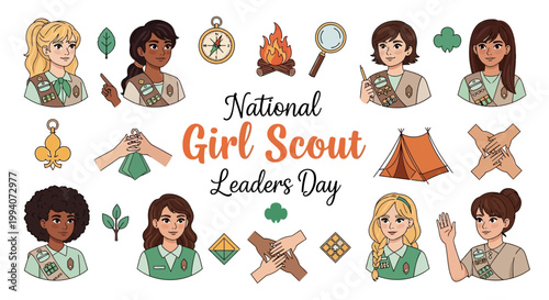 A vector illustration celebrates National Girl Scout Leaders Day with diverse girls in scouting uniforms, compass, campfire, and tent icons, set against a clean white background in a flat