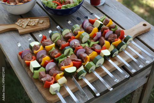 Raw meat and vegetable skewers on a wooden board for grilling
