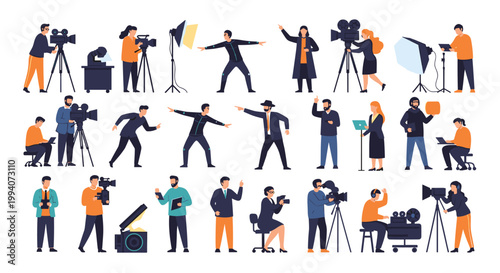 Professional film crew and production staff working on set with cameras and lighting equipment during a movie shoot.