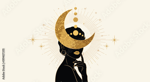 Mystical and luxurious art print featuring woman profile with ornate golden crescent moon and sun symbols for astrology.