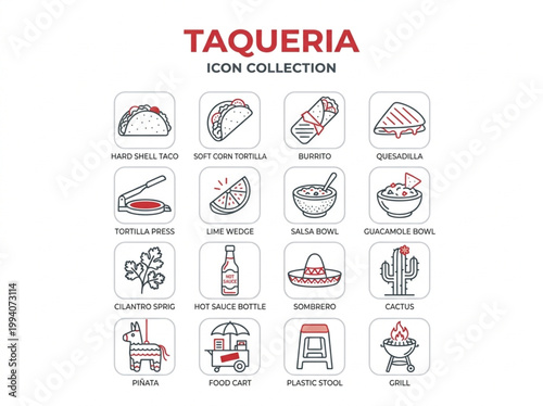 A comprehensive collection of red and black line art icons featuring Mexican cuisine and taquería culture items arranged in a neat grid