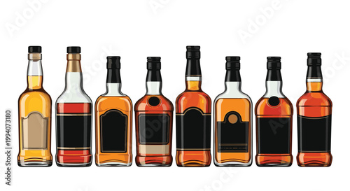 Row of various liquor and whiskey bottles with unique labels and shapes isolated against a clean white background.