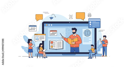 Digital education concept featuring a teacher on a computer screen giving a lecture to students in a virtual classroom.