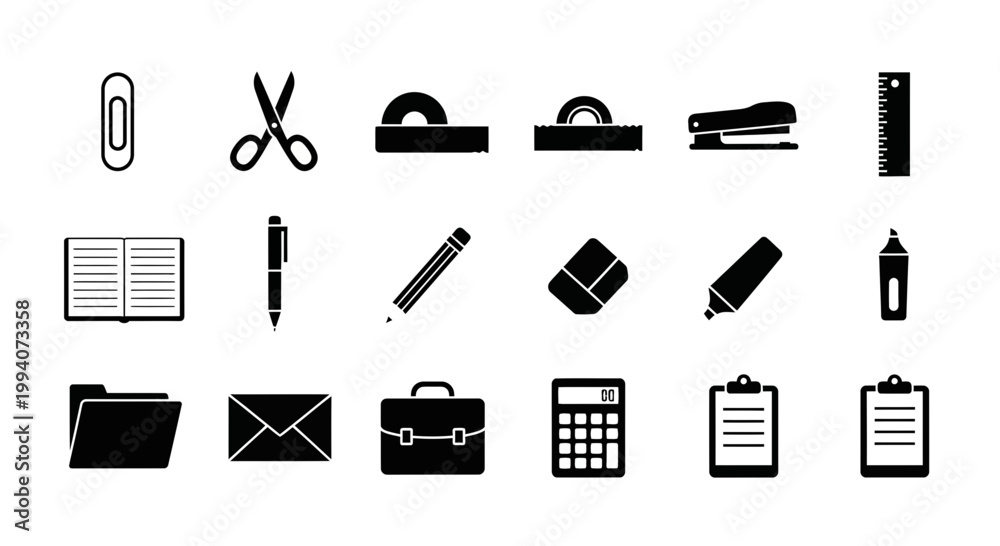 Fototapeta premium Office Supplies and Stationery Icons Set.