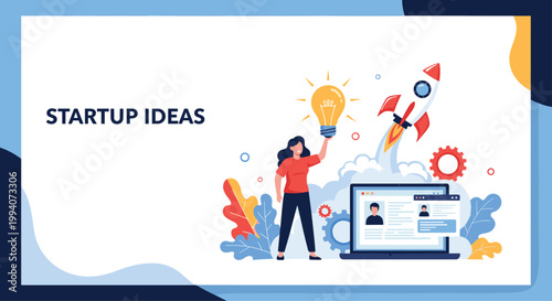 Innovative startup business concept with a woman holding a lightbulb next to a rocket launch and laptop workstation.