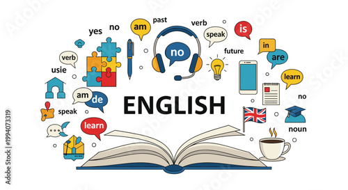 Educational banner for learning english language featuring an open book and various icons related to grammar and speech.