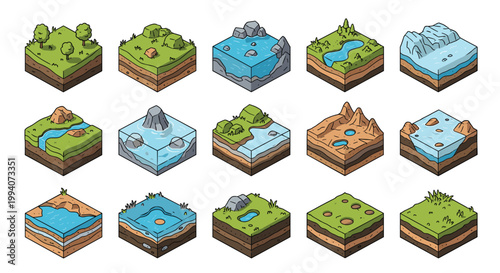 Isometric tiles representing different natural biomes such as forests deserts islands and arctic landscapes for games.