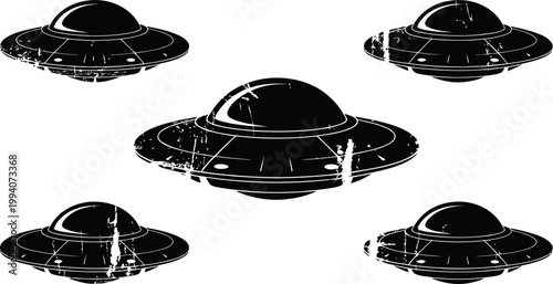 Retro ufo set flying saucers distressed vintage design on transparent background.