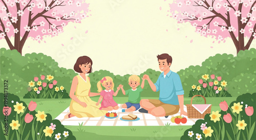 Happy family picnic in spring park, parents and children eating outdoors under blooming cherry blossom trees, sunny garden leisure vector isolated PNG with Transparent Background
