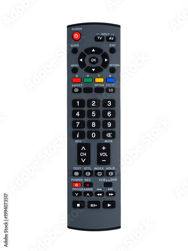 Top view, black remote control for TV (television) or radio, cutout concept for in decorate the interior or various electronic appliance, isolated object on transparent background.