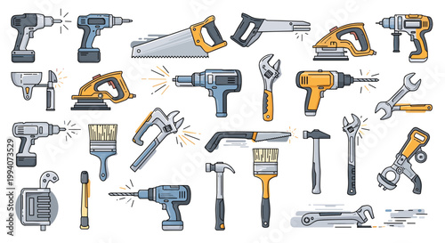 Comprehensive collection of power tools and hand tools used for construction home repair and woodworking projects.