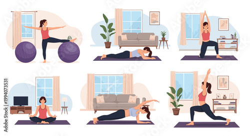 Group of women practicing diverse yoga poses and meditation exercises in a cozy home living room environment.