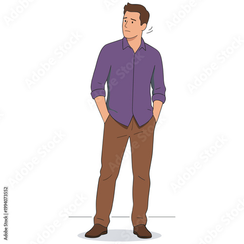 A man in a purple shirt stands with hands in pockets looking sideways in an illustration.